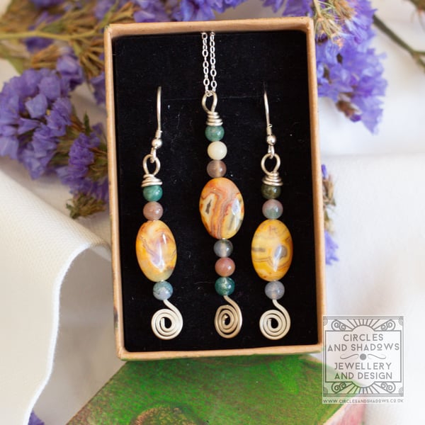 Gemstone Jewellery Gift Set Lace Agate Sterling Silver Hallmarked