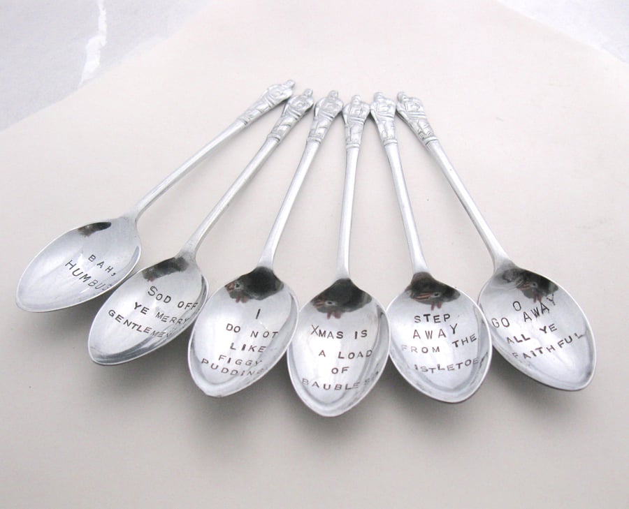 Set of Grumpy Xmas Apostle Spoons, Handstamped Vintage Coffeespoons