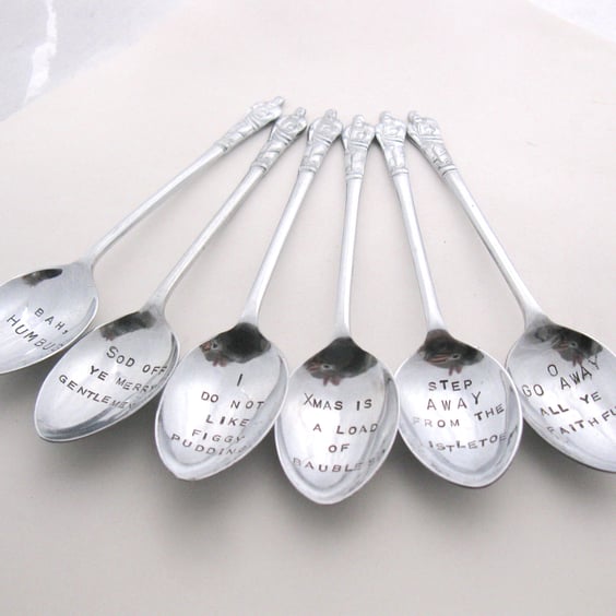 Set of Grumpy Xmas Apostle Spoons, Handstamped Vintage Coffeespoons