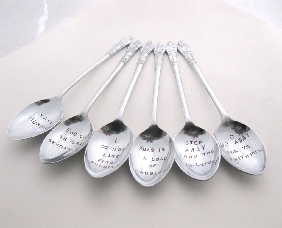 Set of Grumpy Xmas Apostle Spoons, Handstamped Vintage Coffeespoons