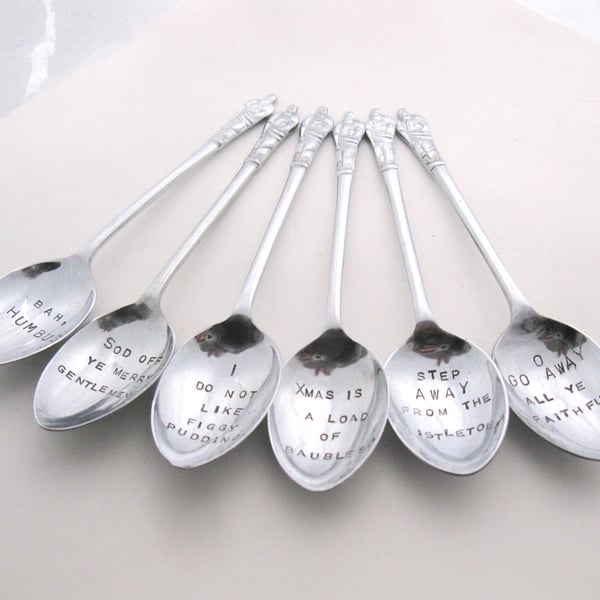 Set of Grumpy Xmas Apostle Spoons, Handstamped Vintage Coffeespoons