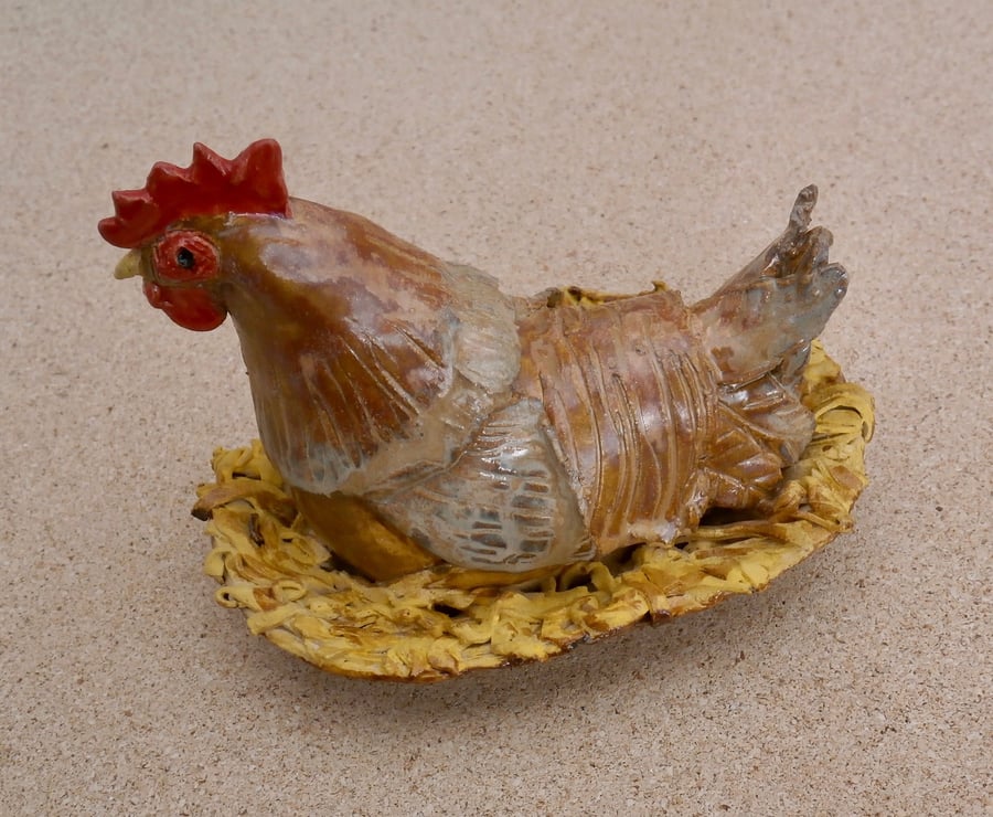 Golden brown hen in nest ceramic figurine - ceramic chicken - Hen sculpture - co