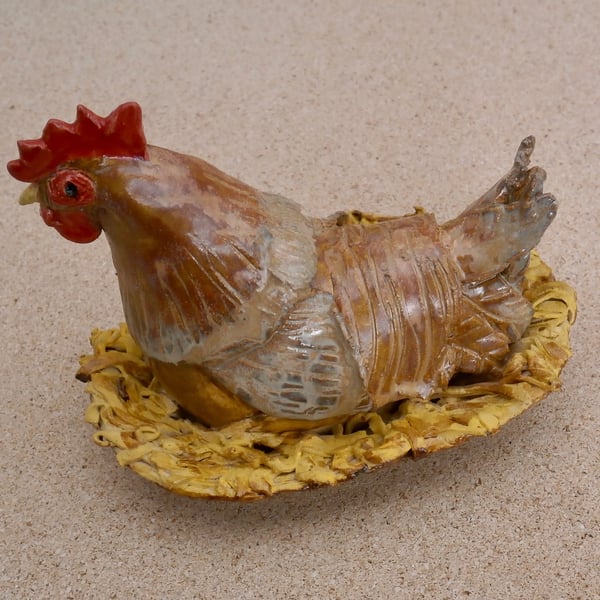 Golden brown hen in nest ceramic figurine - ceramic chicken - Hen sculpture - co