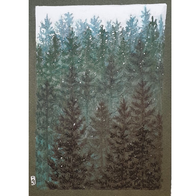 Dark Deep Forest original artwork, small drawing, wall art