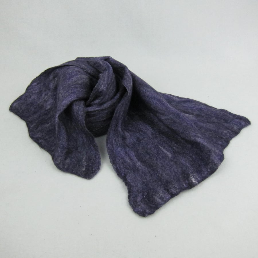 Nuno felted scarf, purple merino wool on cotton with silk fibres