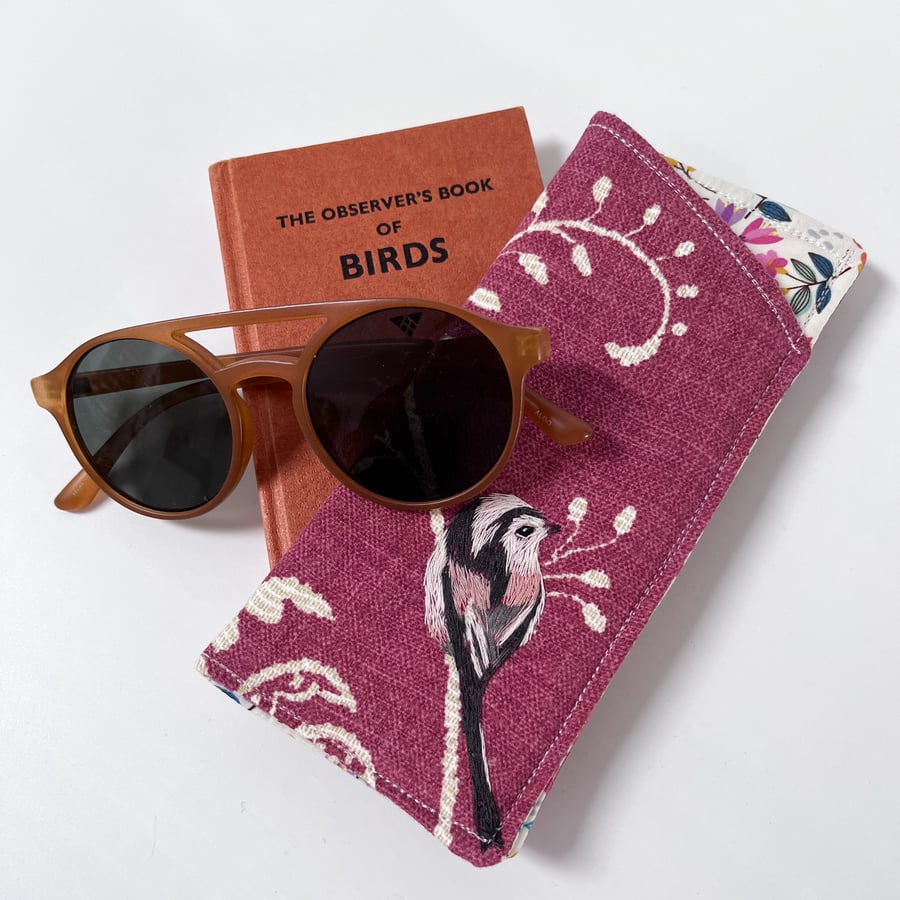 Burgundy glasses case with embroidered long tailed tit