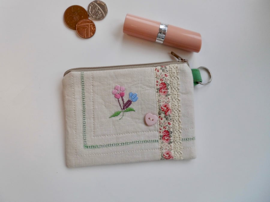 SOLD Coin purse in reclaimed embroidered cloth with roses ribbon