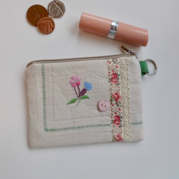 SOLD Coin purse in reclaimed embroidered cloth with roses ribbon