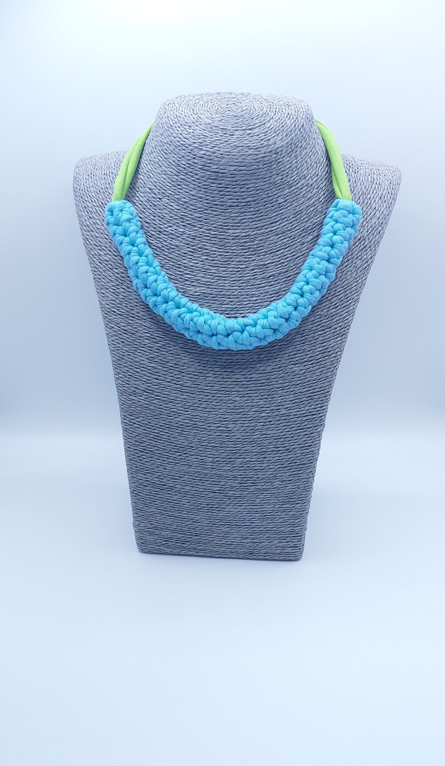 Crochet blue and green statement necklace with 
