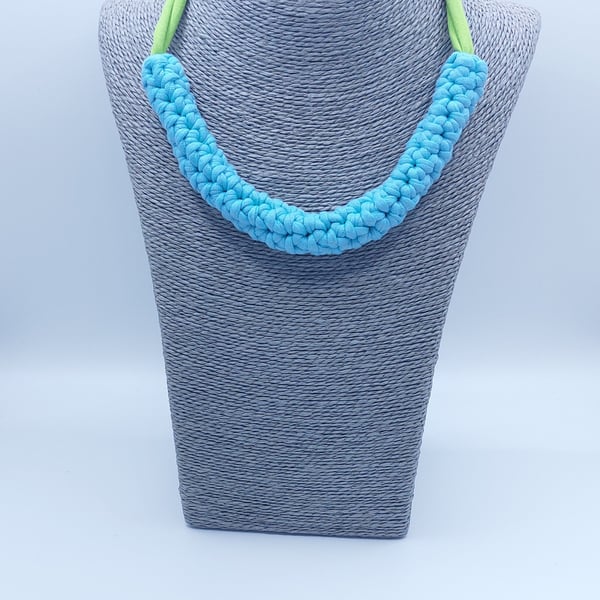 Crochet blue and green statement necklace with 