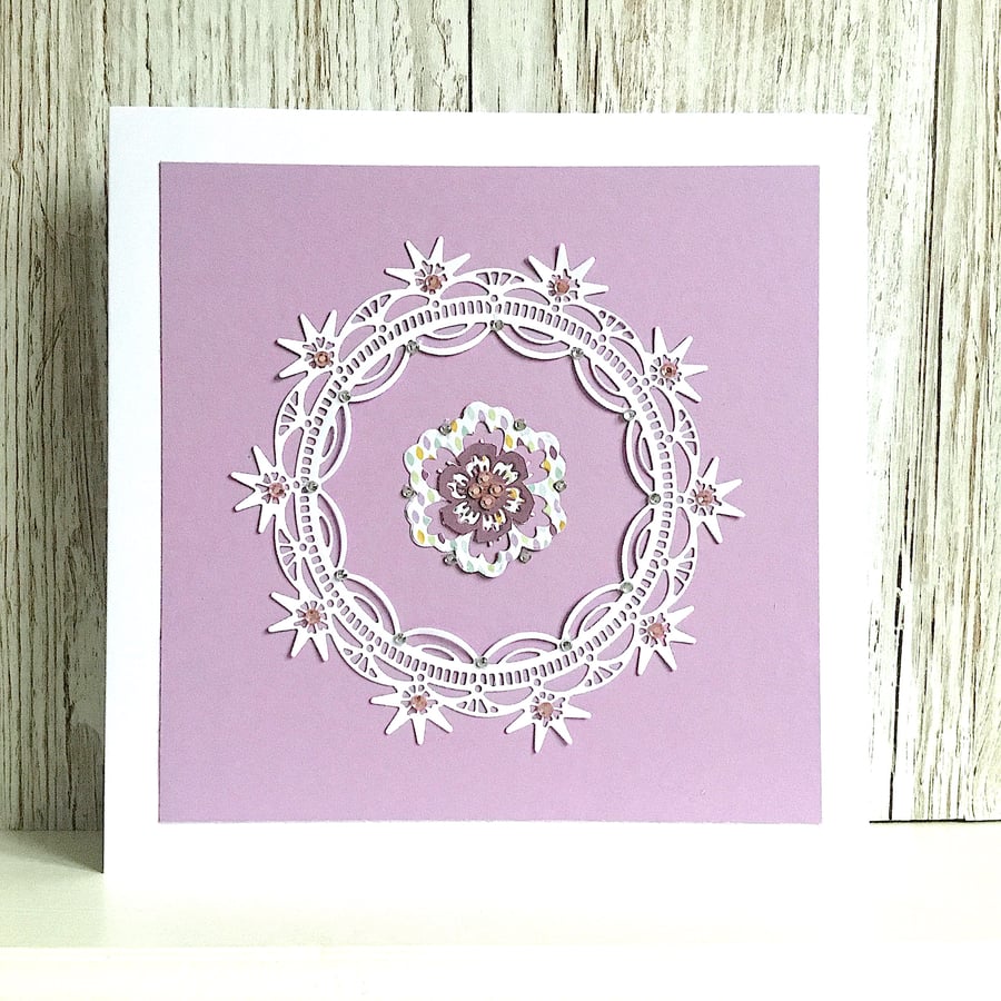 Birthday card - gorgeous mauve embellished with faux pink sapphires