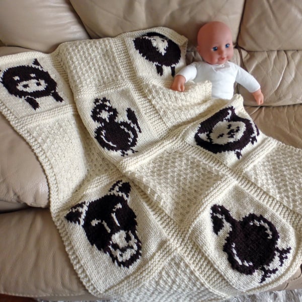 Farmyard Animals Baby Blanket KNITTING PATTERN in pdf