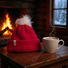 Childs Knitted Pompom Hat in red with white pompom
