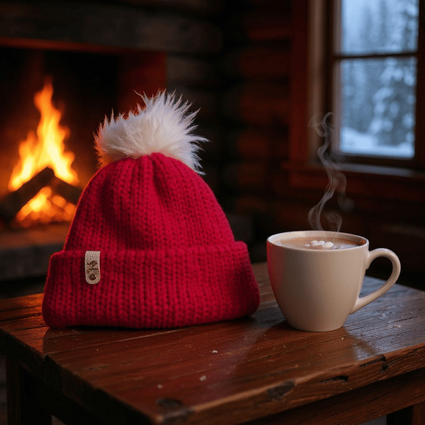 Childs Knitted Pompom Hat in red with white pompom