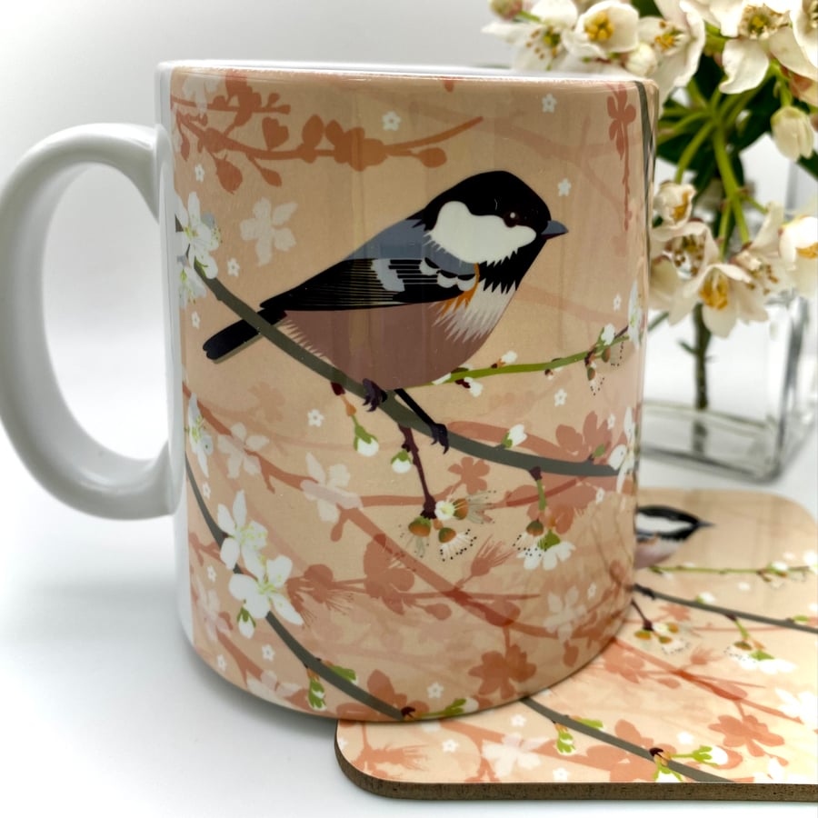 Coaltit on Plum Blossom Ceramic Mug - matching Coaster option