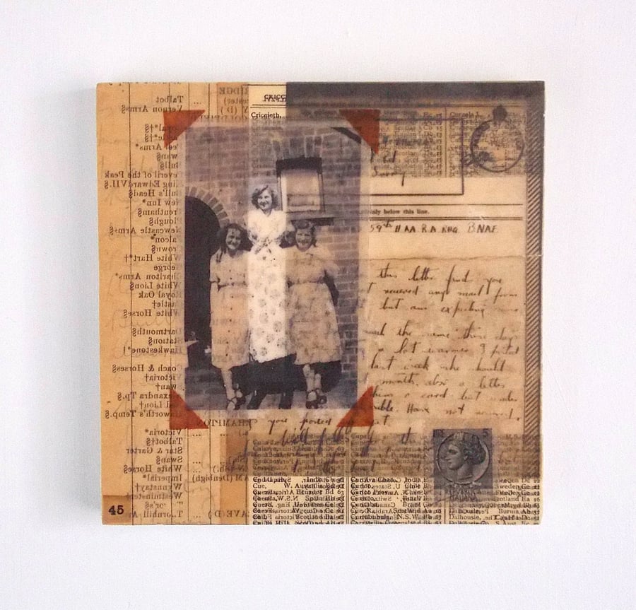 Vintage Paper Collage on Wood Panel, 12x12cms, Free UK Postage (205)