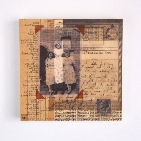 Vintage Paper Collage on Wood Panel, 12x12cms, Free UK Postage (205)