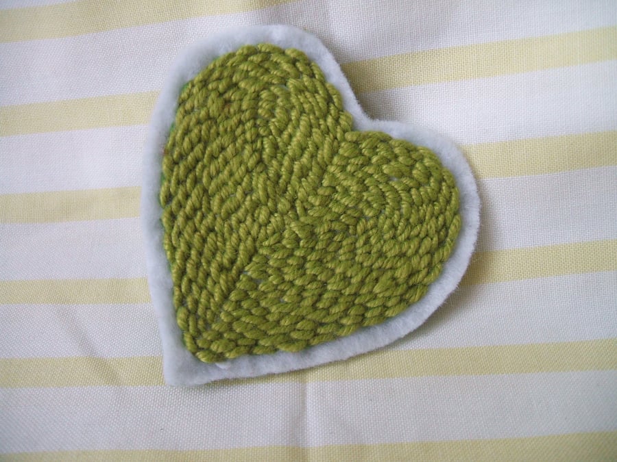Embroidered heart brooch - green thread on white felt