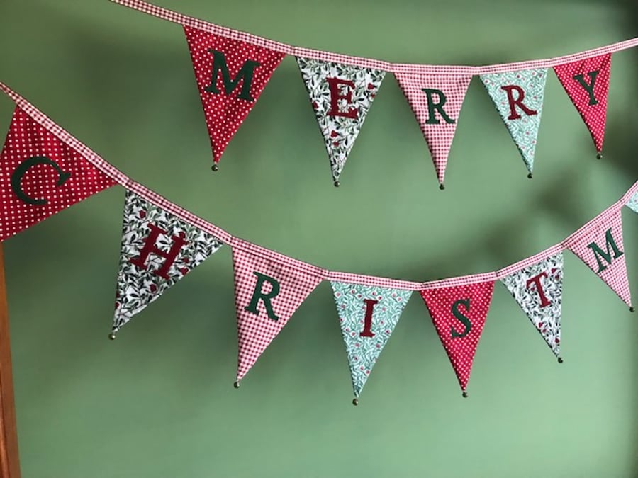 Holly berry, gingham and polka dot fabric 'Merry Christmas' bunting