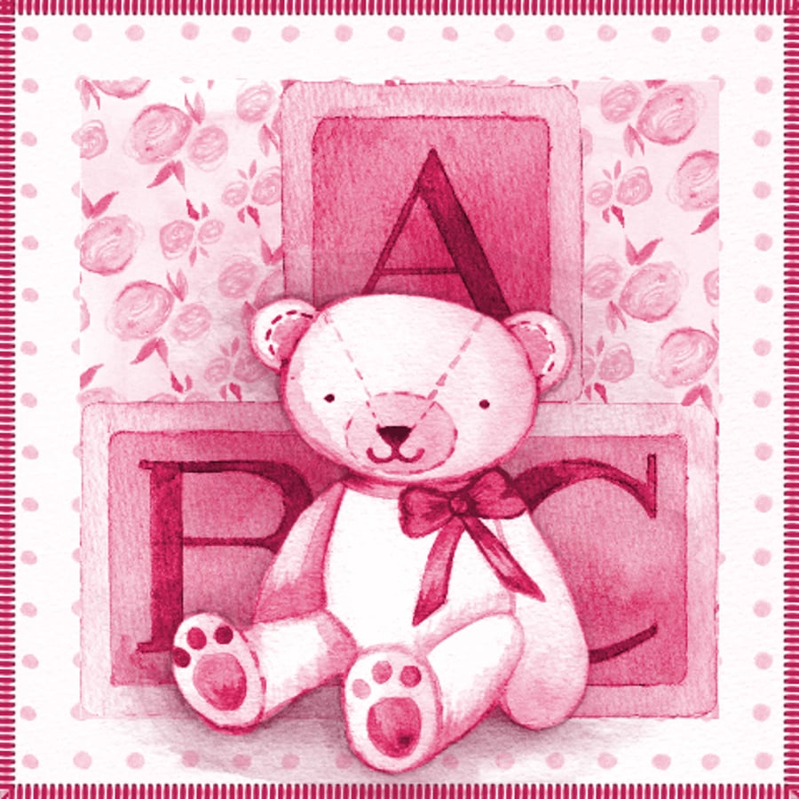 New baby girl card with teddy and ABC bricks