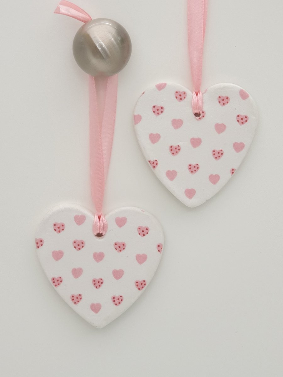 SECONDS SUNDAY SALE pair of love heart clay hanging decorations 