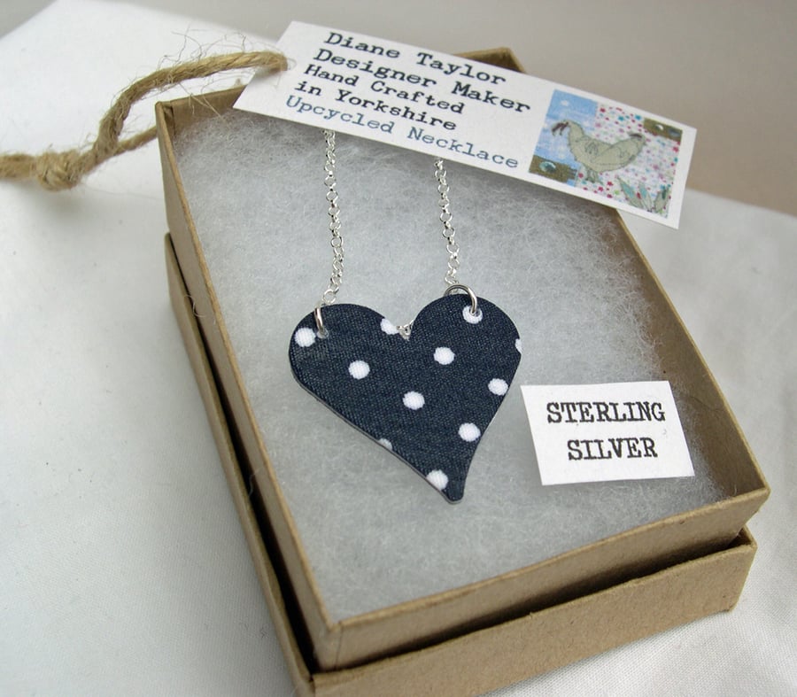 Unusual Gift 925 Sterling Silver Hardened Navy Polka Dot Fabric Heart Necklace