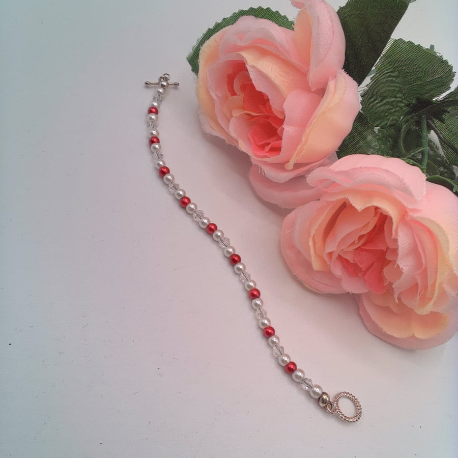 Child's White & Red Pearls & Crystal Beaded Bracelet, Pearl and Crystal Bracelet