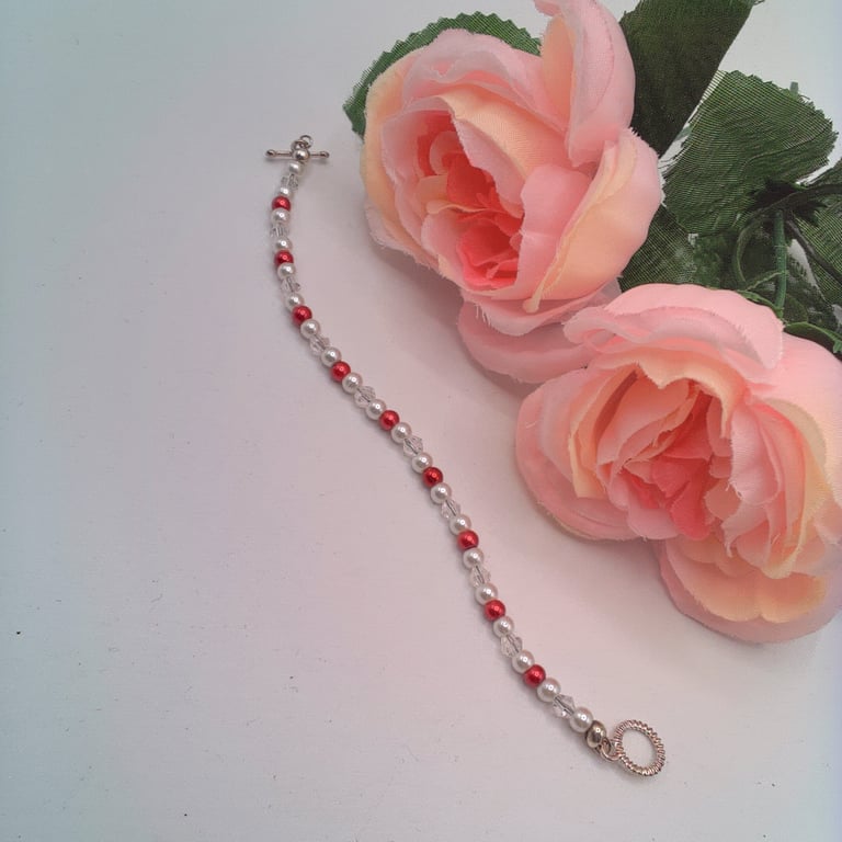 Child's White & Red Pearls & Crystal Beaded Bracelet, Pearl and Crystal Bracelet