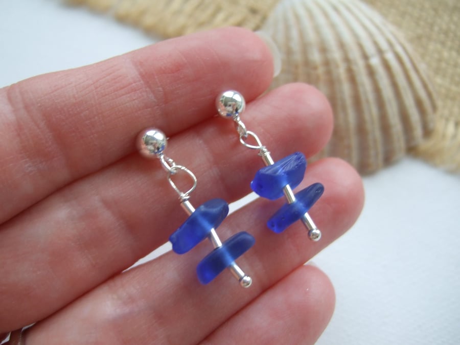 Scottish blue sea glass earrings, sterling silver stacked stud earrings