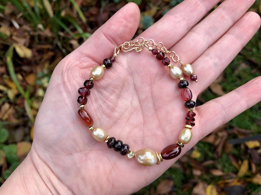 Garnet & Freshwater Pearl Bracelet. Gold Filled. Gemstone Luxury Beaded Boho