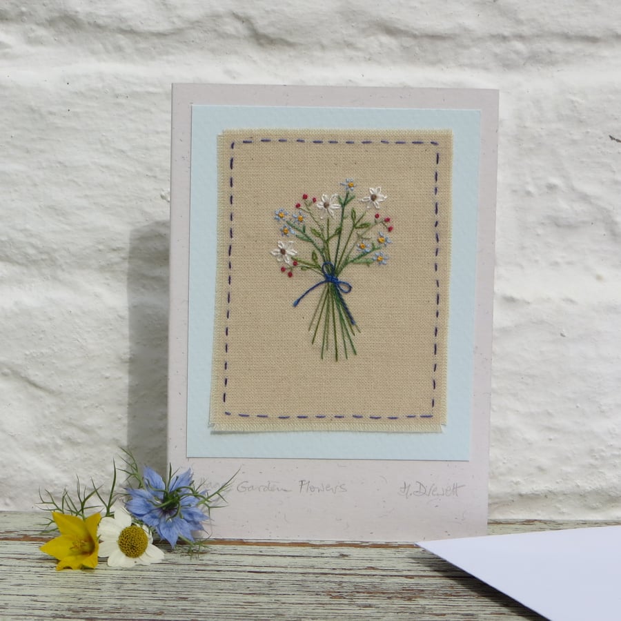Cottage Garden Flowers hand-stitched miniature on card, delicate & detailed