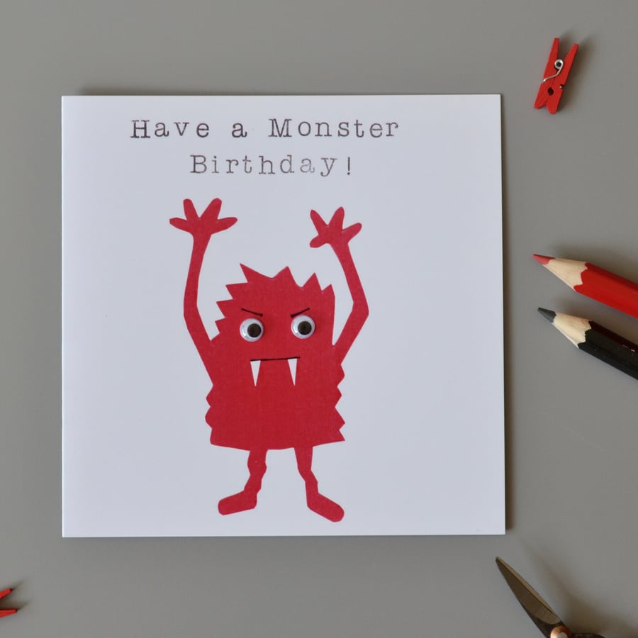 Have a Monster Birthday Red Monster with Googly Eyes Birthday Card