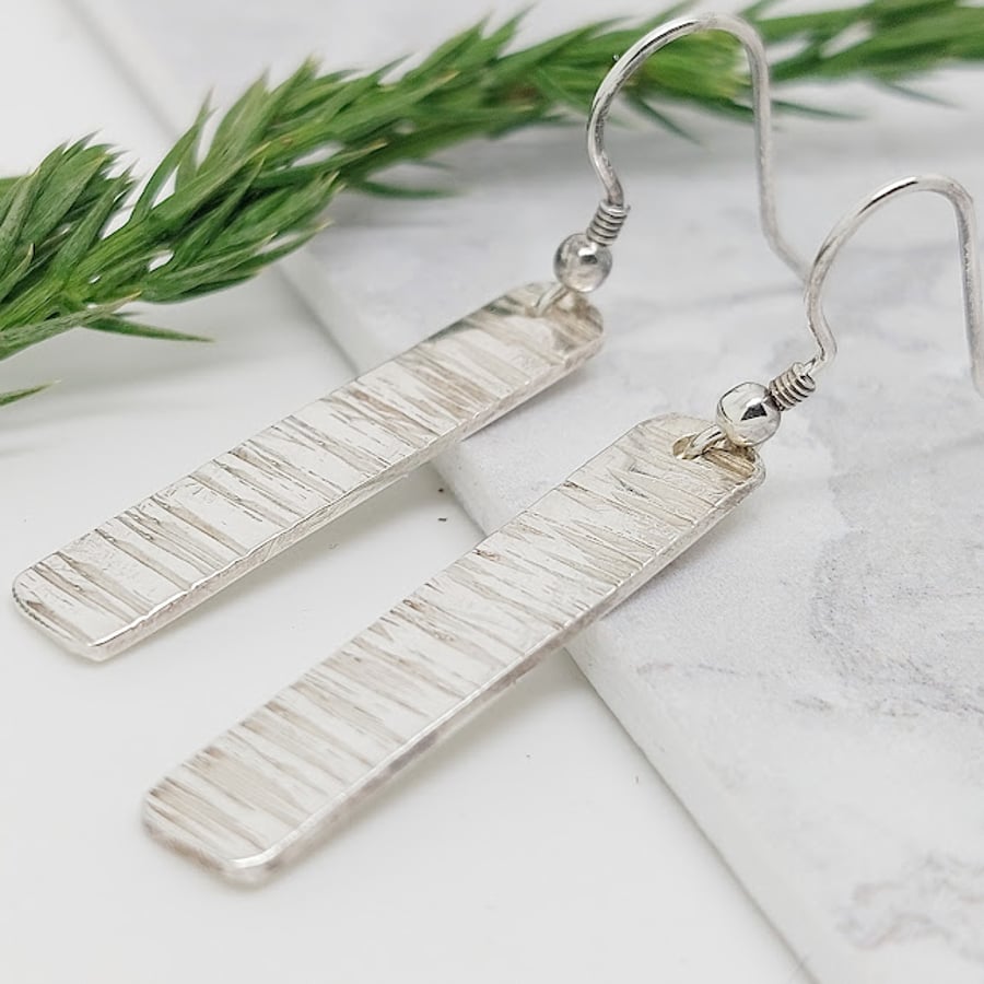 Sterling Silver Long Drop Textured Earrings