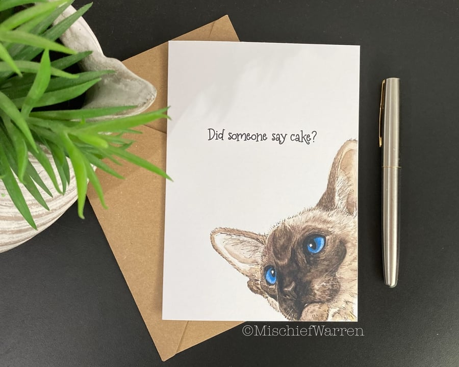 Siamese Cat Card. Blank or personalised art card for any occasion for cat lover.