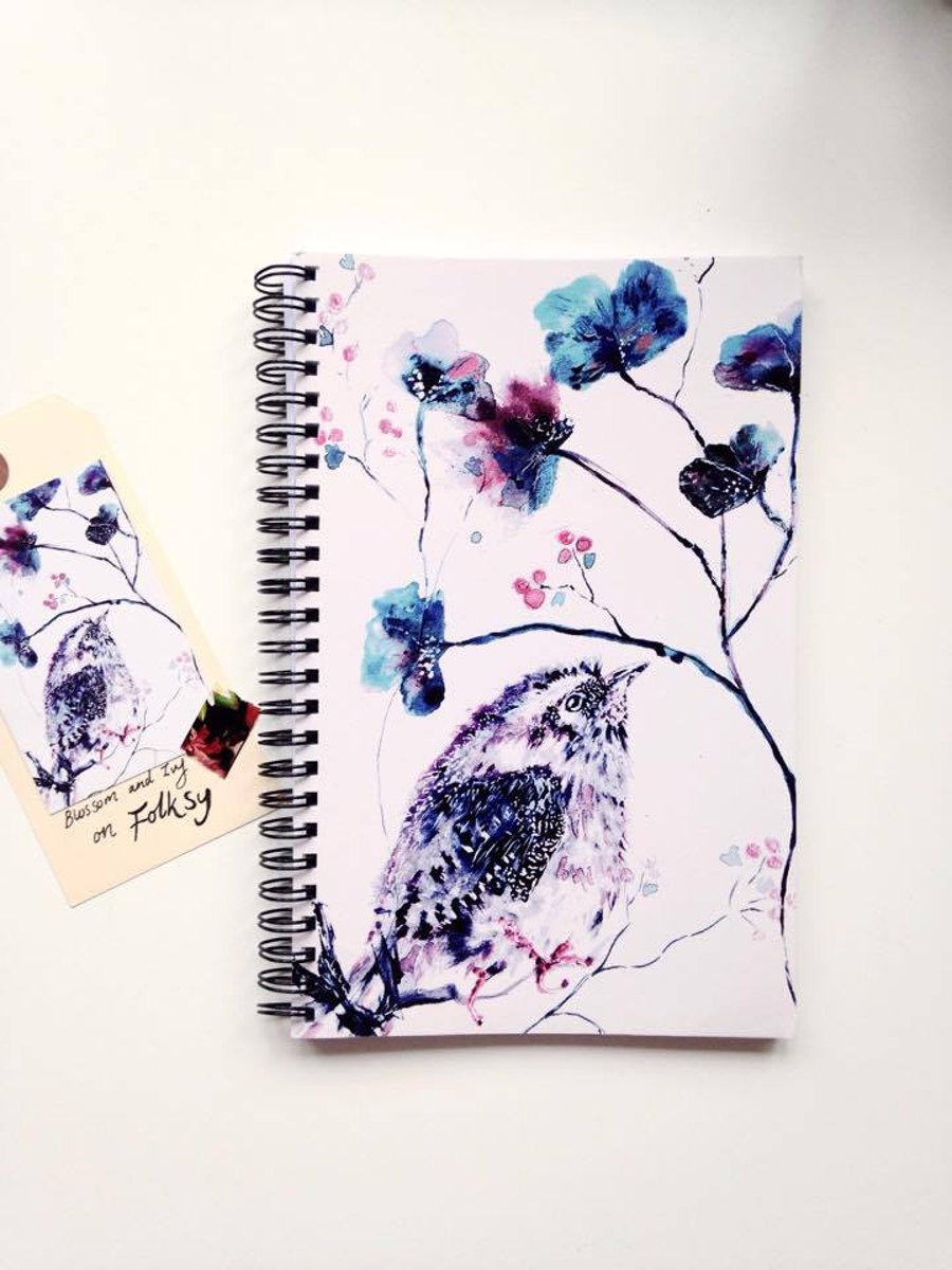 Beautiful Blue Bird Illustrated Notebook With Blank Pages and Spiral Binding 