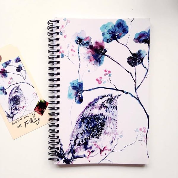 Beautiful Blue Bird Illustrated Notebook With Blank Pages and Spiral Binding 