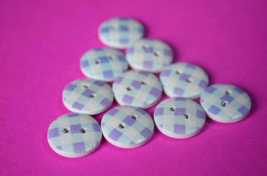15mm Wooden Check Buttons Lilac Blue White 10pk Checked Plaid Gingham (SCK2)