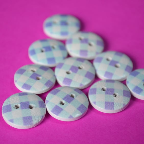 15mm Wooden Check Buttons Lilac Blue White 10pk Checked Plaid Gingham (SCK2)