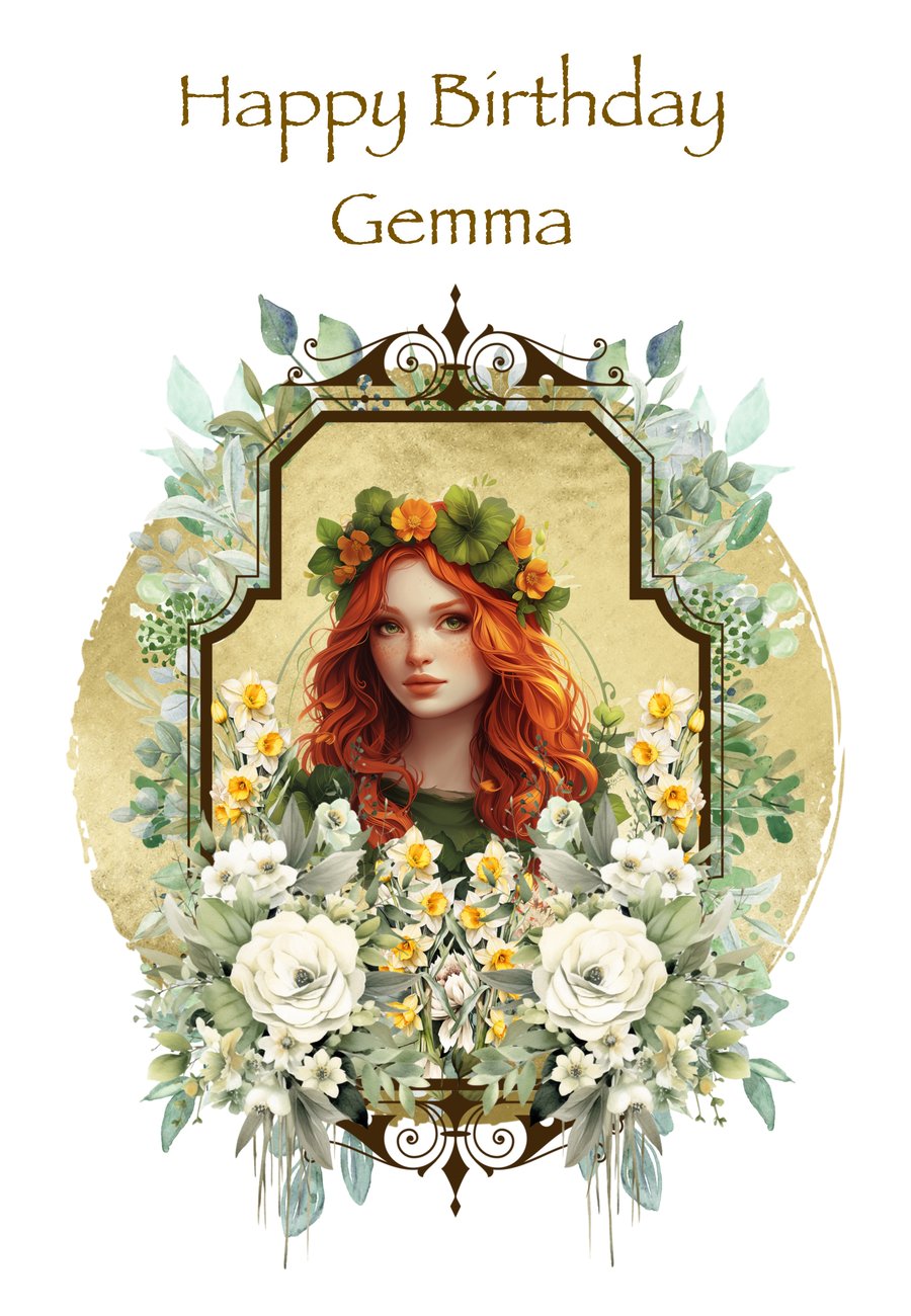 Personalised Pagan Birthday Card, Red Haired Goddess