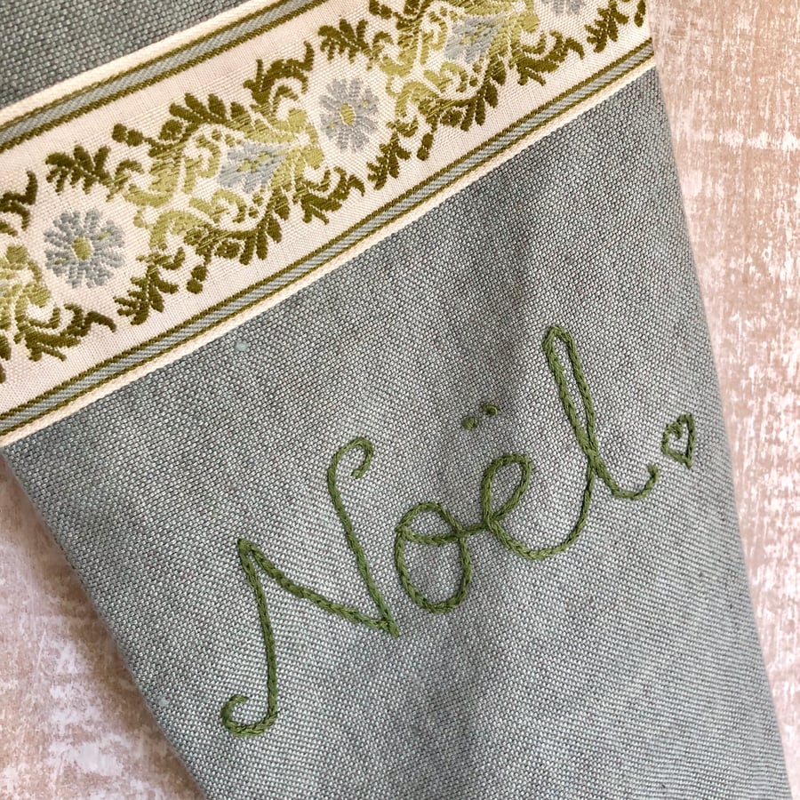 SALE Noel Linen Christmas Stocking with vintage braid