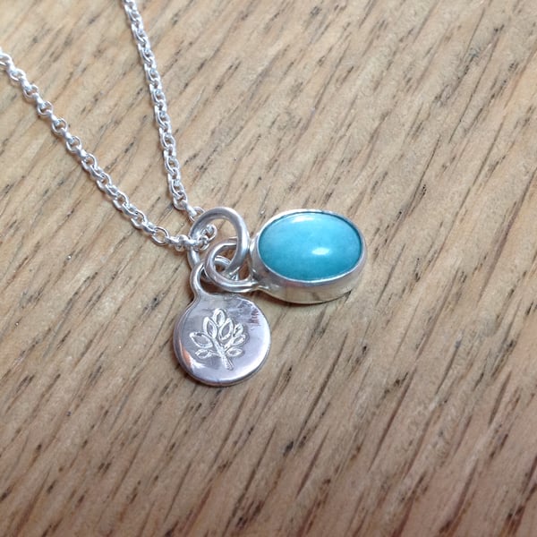 Amazonite Sterling and Fine silver dainty charm disc pendant necklace