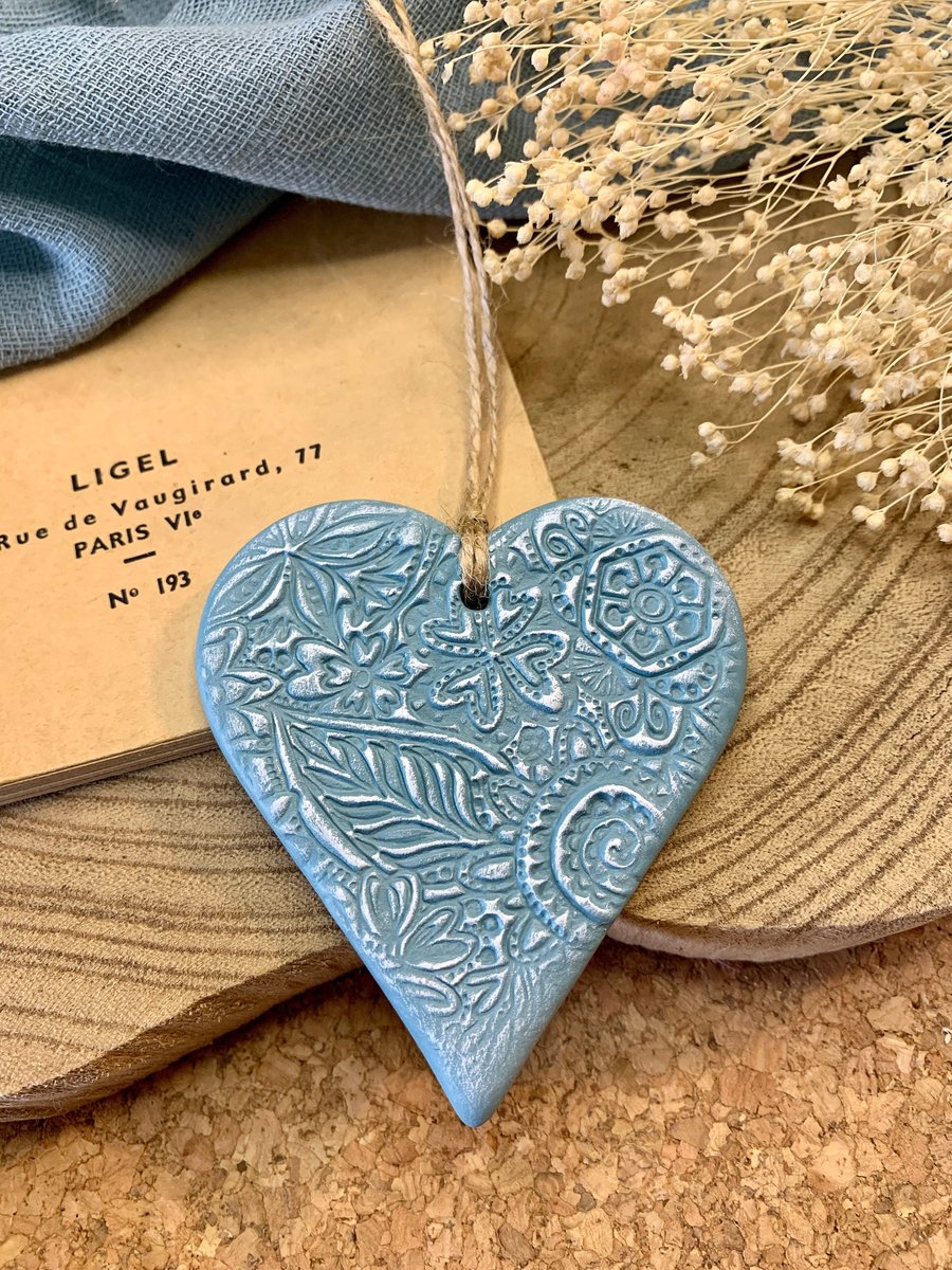 Teal & White Floral Clay Hanging Heart Decoration