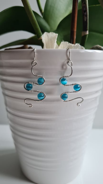 925 Silver & Blue Glass Cats Eye Dangle Earrings Earings Gift Jewellery Jewelry