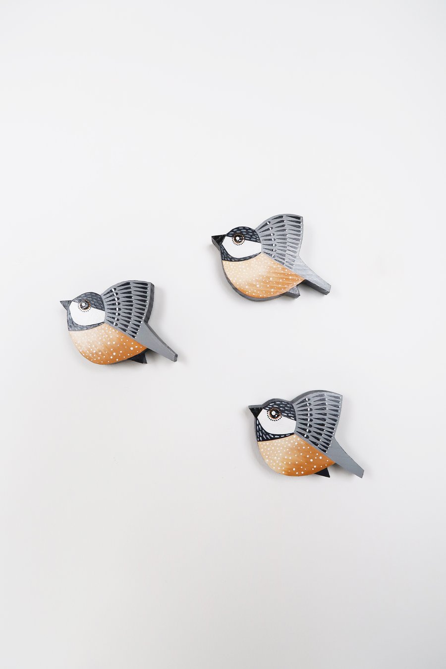 Coal tit wall hanging, set of 3 miniature flying bird, wooden decorations.