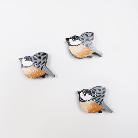 Coal tit wall hanging, set of 3 miniature flying bird, wooden decorations.
