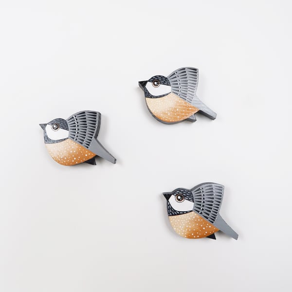 coal tit wall hanging, set of 3 miniature flying bird, wooden decorations
