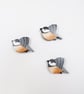Coal tit wall hanging, set of 3 miniature flying bird, wooden decorations.