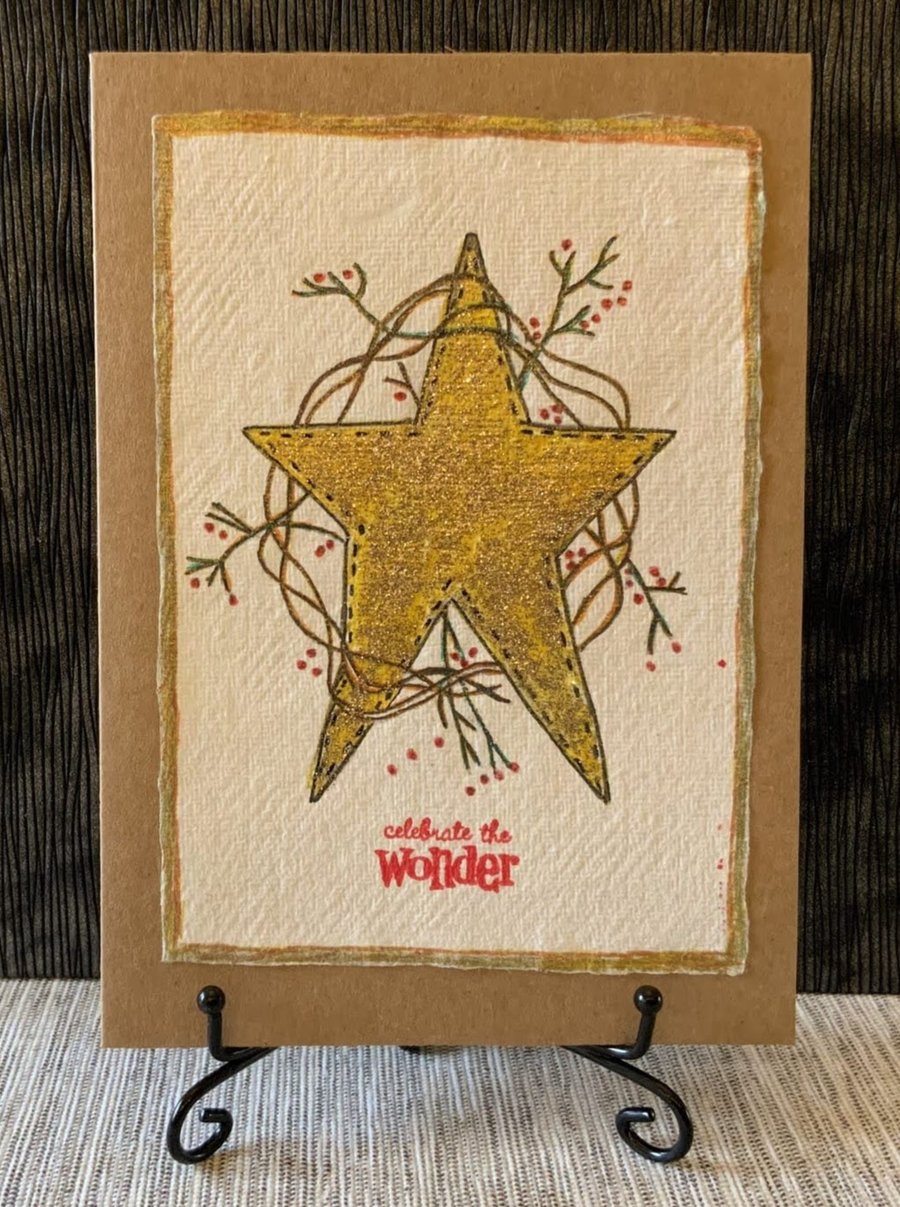 Golden Star & Wreath Christmas Card.