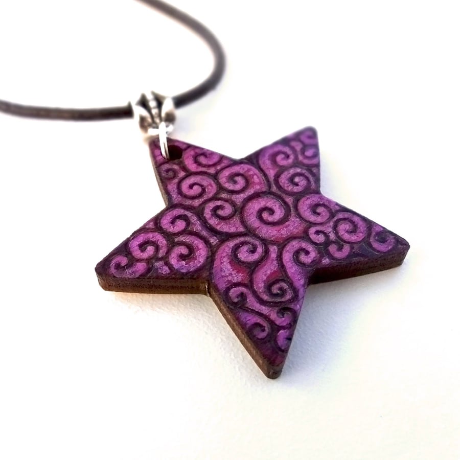 In the Pinks and Purples Swirled Hand Burned and Coloured Pyrography Pendant