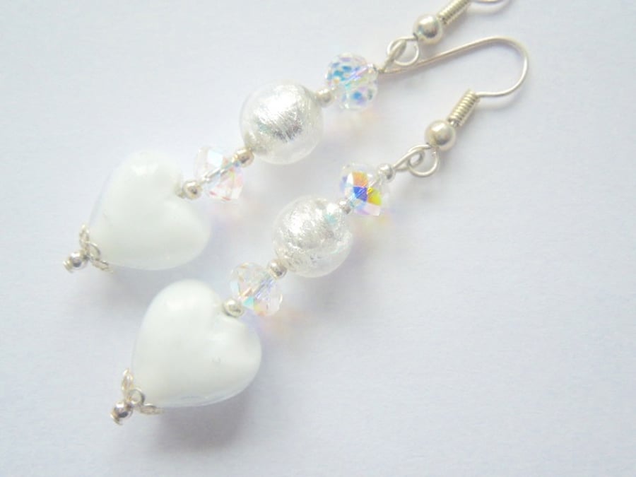 Murano glass white and silver heart earrings with Swarovski and sterling silver.